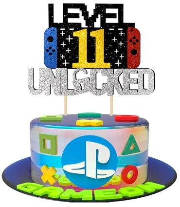 Videospel tårtdekoration födelsedag, glittrande spelkonsoler – tema, cupcake-topp, perfekt spelkaka toppare för 11 år pojke och flicka födelsedag (svart guld 11)