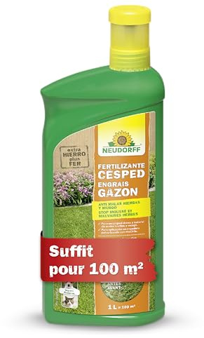 Neudorff Engrais Gazon - Engrais pour gazon enrichi en fer et en potassium pour une pelouse dense et verte, sans mousse ni mauvaises herbes, 1 litre pour 100 m²