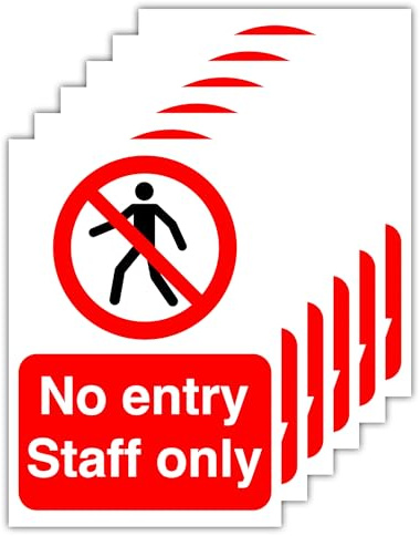 148mm x 210mm Pack of 6 No Entry Staff Only Signs – Self Adhesive Polypropylene Glossy-Laminated A5 Waterproof Stickers for Office, Door, Shop, Hospital