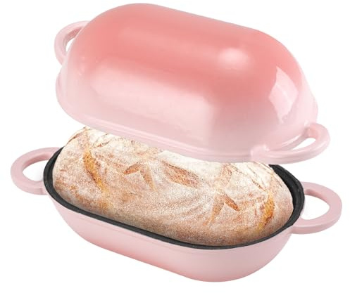 NSIRONS Gusseisen Brotbackform mit Deckel, 23 cm Emaille Gusseisen Topf Brot Backen, Bräter mit Deckel 2,75 L, Idealer Brottopf, Brotbacktopf, Backofengeeignet (Farbverlauf Rosa)