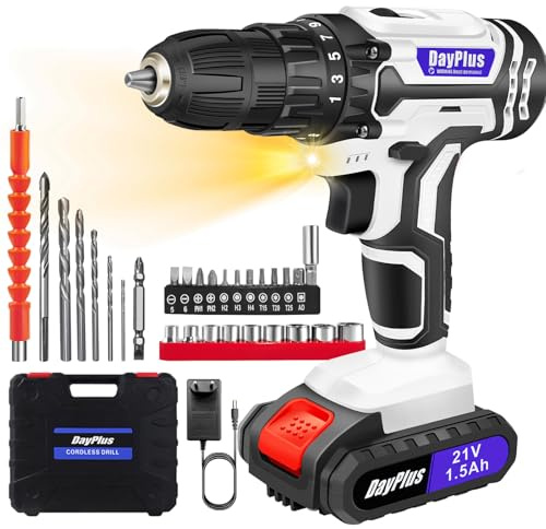 21V Cordless Drill Set, Electric Power Drill with 1 Battery, 3/8'' Keyless Chuck, 45Nm, 25+1 Torque, 2 Variable Speeds,29pcs Drill Bits & LED Electric Drill Set for Home and Garden DIY (White)