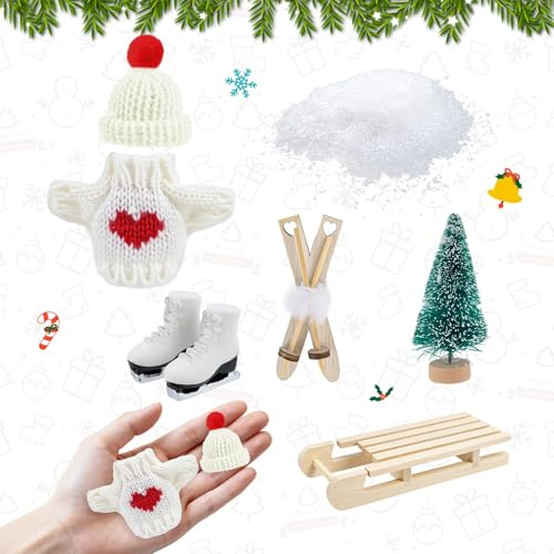 Axlyca 7 Stück Wichtel Schlitten Set, Miniatur Wichtel Zubehör Weihnachten, Wichteltür Zubehör zum Basteln Weihnachten mit Holz Ski Schlitten Schlittschuhe Mütze Schneeflocke Weihnachtsbaum Pullover