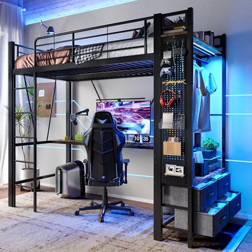 TOBIDOEN Hochbett 90x200 cm Eisenrahmen mit US/B Schreibtisch und Trockenstab, Großzügiger Stauraum mit 4 Schubladen, Einlegeböden & Lochwand, LE/D Metallbett mit Leiter (Schwarz mit Tisch)