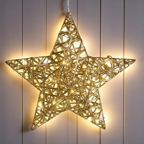 Spetebo Leuchtstern 30 cm mit Goldband umwickelt warm weiß mit Timer | 20 LED, Batteriebetrieben, Zum Hängen, Weihnachtsdeko, Adventsstern