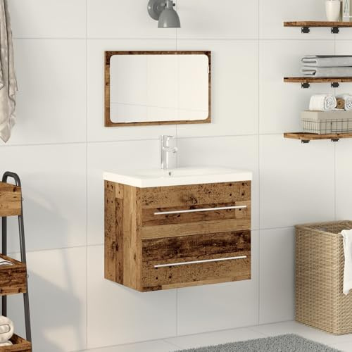 BARULUOAKLIFE Mobile Lavabo Rustico in Legno Recuperato con Top Ceramica Bianca e Due Cassetti Spaziosi, 60x38.5x48 cm, Marrone, per Bagno Interno, Include Rubinetto