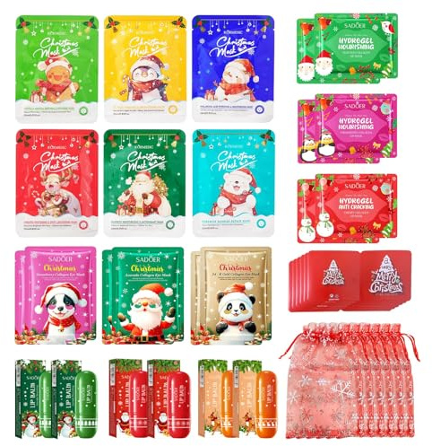36 Pièces Coffret Skincare de Noël, avec Noël Masque Visage Enfants Fille, Masque pour les Yeux, Baume à lèvres de Noël, Patchs pour les Lèvres, Cadeaux de Noël pour Femmes Adolescentes