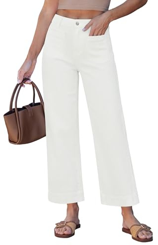 GRAPENT Womens Jeans Ladies Wide Legged for Women Comfy Stretch Women's Leg Cropped Pants Stretchy Cropped Jeans, Cream White, M, US Size 8 to 10