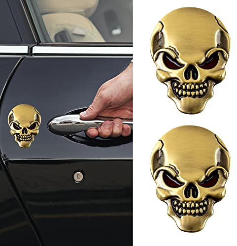 3D Metallschädel Autoaufkleber, 2 Stück Schädel Zink-Legierung Emblem Abzeichen Styling Aufkleber Zubehör für Auto Motorrad (Gold)