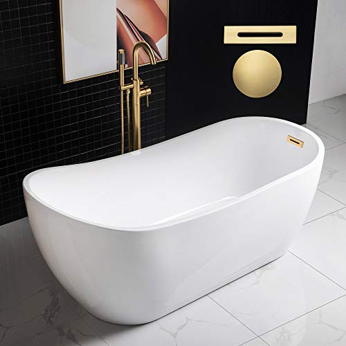 WOODBRIDGE 67 Acrylic Freestanding Bathtub Contemporary Soaking White Tub with Brushed Gold Overflow and Drain，B0001 -BG-Drain &O