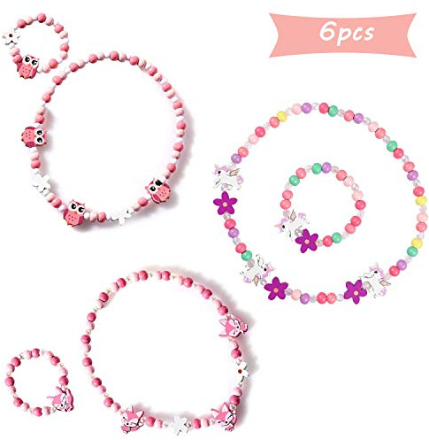 SUNSK Princesse Collier Bracelets Set Colorées Stretch en Perles de Bois Bijoux Accessoire pour Les Petites Filles Enfants 3 Ensembles (licorne, renard, hibou)
