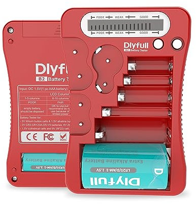 Dlyfull LCD Tester Batterie Universale per AA, AAA, C, D, 9V Tester Digitale per CR123A, CR2, CRV3, 2CR5, CRP2 Batterie Volt Checker per Batterie a Bottone da 1.5V e 3V (Rosso)