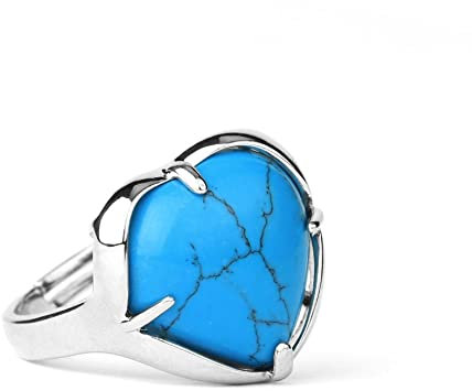 ASDFY Natürlicher Großer Türkis-Ring Blauer Unregelmäßiger Kristall-Liebes-Herz-Ring Verstellbarer Damen-Ring Mit Offenem Stein Reiki-Balance-Knöchel-Finger-Ring Ewigkeitsring Für Frauen, Mädchen,