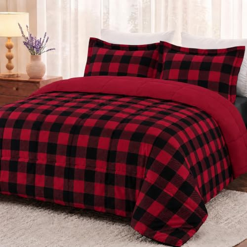 downluxe Lightweight Plaid Comforter Set (King) with 2 Pillow Shams - 3-Piece Set - Red/Black Plaid - Down Alternative Reversible Comforter
