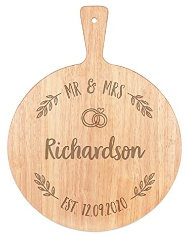 Personalised Custom Pizza Board Mr & Mrs Wedding Wreath Circle Serving Tray Handle Paddle Pizzeria Round Wooden 45x34cm