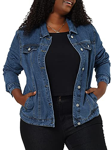 uxcell Women's Plus Size Jean Jacket Stitching Button Front Washed Western Outfit Denim Jacket 2X Snow Blue