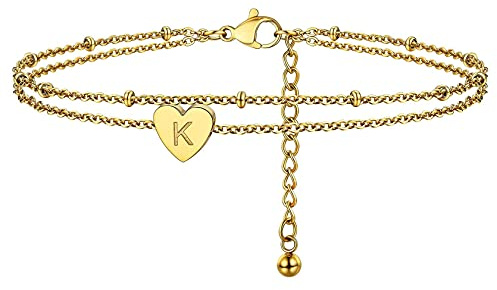 ChainsHouse Damer flickor 26 bokstav dubbel armkedja fotkedja justerbart hjärta fotband armband i silver guld vackra fotsmycken armband för flickvän kärlek barn älskare, 22 centimeters, Hjärta