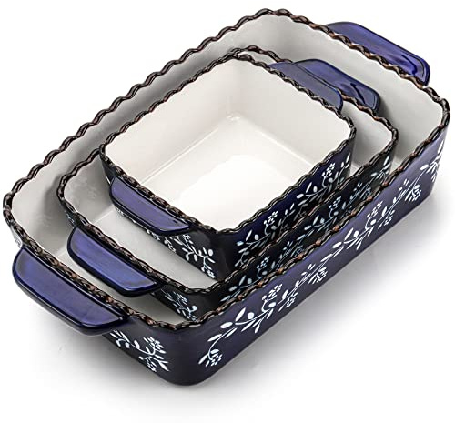 AVLA 3 Pack Ceramic Bakeware Set Porcelain Rectangular Baking Dish Lasagna Pans for Cooking Kitchen Casserole Dishes Cake Dinner 12 x 8.5 x 6 Inches of Baking Pans Banquet and Daily Use Cobalt Blue