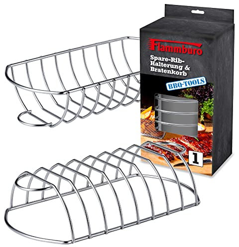 FLAMMBURO Bratenkorb und Rippchenhalter - 2-in-1-Funktion – Aus Edelstahl, spülmaschinengeeignet - Grillguthalterung für Spare Rips oder als Bratenhalter auf dem Gasgrill oder Kohlegrill