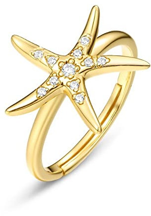 WLLDDDIU Ringe Frauen,925 Sterling Silber Ring Retro Einfach Niedlich Vergoldet Ozean Seestern Zirkon Offen Verstellbare Ringe Schmuck Geschenke Für Jungen Mädchen Männer Frauen