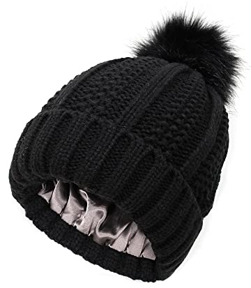 TOEECY Berretto Invernale da Donna Cappello Beanie Caldo con Pom Pom Pelliccia Faux Morbido Berretti in Maglia in Raso Foderato Cappellino Slouchy ed Moda per Proteggere l'Acconciatura (Nero)