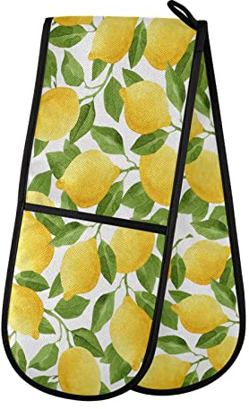 Long Double Oven Mitts, Watercolor Lemon Tree Leaves Heat Resistant Quilted Kitchen Oven Gloves with Loop Washable for Microwave Cooking Baking Grilling Barbecue, 7 x 35