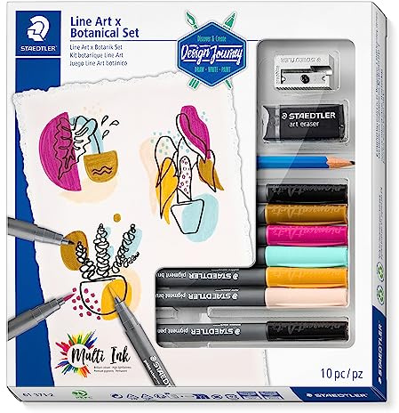 STAEDTLER Pigment Brush Pen 371 Line Art x Botanical – 10-teilig | 6 Farben, Bleistift, Radierer & Spitzer – wasserfeste Tusche, floral – Art.-Nr. 61 371-2