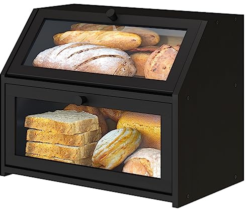 Vriccc Panera negra para almacenaje y mostrador de cocina, panera de madera de bambú, gran capacidad