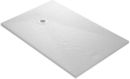 Receveur de douche en résine ultra léger imitation ardoise - blanc + natte étanche + siphon 360° - 140 x 90 cm