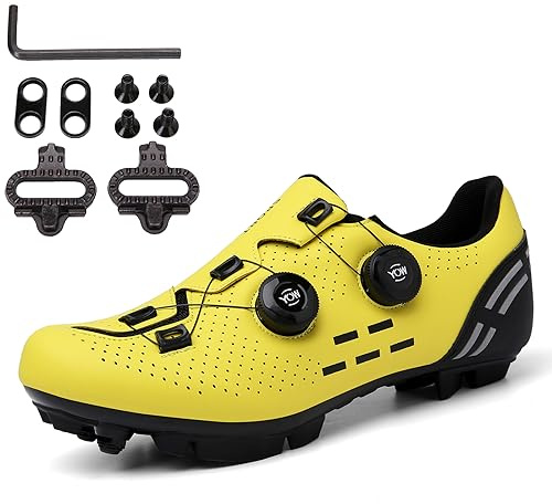 PENXZT Fahrradschuhe Herren MTB Rennradschuhe Mountainbike Schuhe Radschuhe 2 Loch Cleat System mit Schnalle,Gelb,45 EU