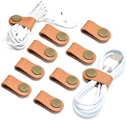CAILLU Leather Cord Organizer,Cable Ties for Earbuds,Cord Keeper for Travel | 10 Cable Organizer for Earbuds,Headphone Wrap,Button Snap Closure for USB Cord Holder,Desk,Pocket,Stocking Stuffers for Men