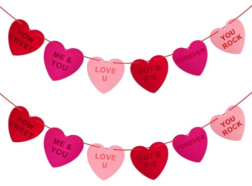 2 Strings Felt Heart Garland Banner - Romantic Red Pink Bunting Decoration with Sweet Love Messages for Valentine's Day, Anniversary, Wedding, Engagement, Party Favor & Bridal Shower Decor