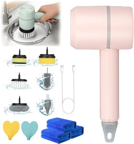 The Dish Buddy, Dish Buddy Electric, Dish Buddy Scrubber, Electric Dish Scrubber, Electric Cleaning Brush Dishwashing Brush Automatic, with 6 Replaceable Brush Heads (Pink)