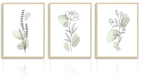 NymphFable Abstrakte Botanische Wandbilder Minimalistische Salbei Grüne Blumen Linie Leinwand Bilder für Schlafzimmer Wohnzimmer Deko 30x40 cm 3er Set Ohne Rahmen