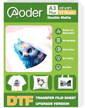 Aoder Premium DTF Transferfolie, 33 x 48,3 cm, A3 Plus, 50 Blatt, doppelseitig, matte DTF-Folie, klares PreTreat PET-Transferpapier für T-Shirts, Textil, Kaltabziehfolie, A3Plus, DTF Transferfolie für