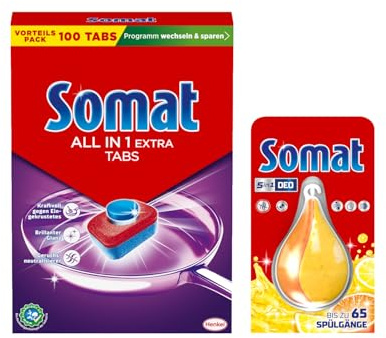 SOMAT Tabs 100 AW all in 1 Extra, Geschirrspül Tabs für strahlende Sauberkeit, bekämpft eingetrocknete Rückstände + Somat Duo Power Experten Deo Perls 60 AW Zitrone & Orange Duft 17g