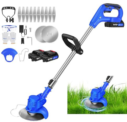 21V Cordless Garden Strimmer with 2pcs 1.5Ah Battery & 12pcs Blades, Electric Strimmer Lightweight Battery Strimmer Height Adjustable Metal Blade Strimmer for Garden Clearing Weeds Flower Trees