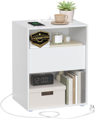 VASAGLE Table de Chevet, Snapsemble Montage Super Rapide, Table d’Appoint avec Multiprise et Tiroir, Moderne, Chambre, Salon, Blanc Mat LET777W04