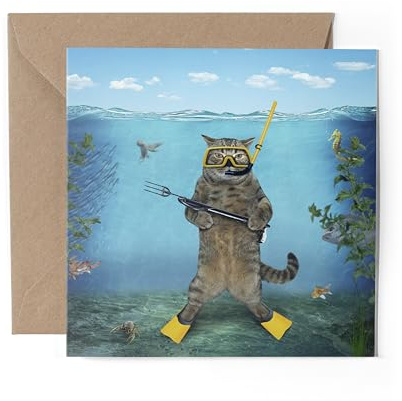 1 x Grußkarte – Schnorcheln, Katze, Tauchen, Speerfischen, Schwimmen, Witz, Angeln, Ozean, Geschenk #71016