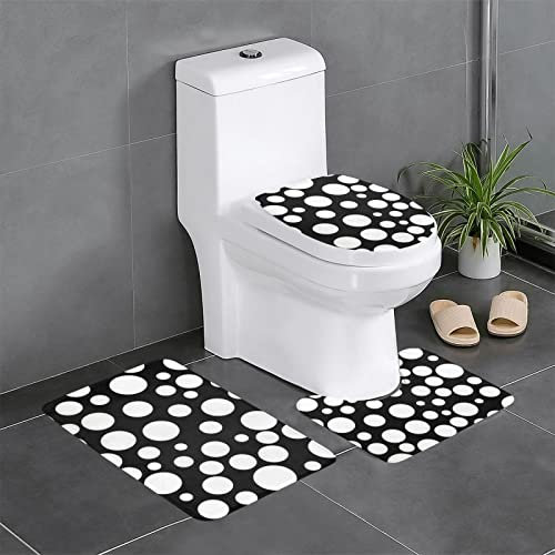 FLYIFE Badezimmermatten-Set, 3-teilig, Flanell, rutschfest, wasserabsorbierend, mit U-förmigem WC-Vorleger und WC-Deckelbezug, Schwarz und Weiß