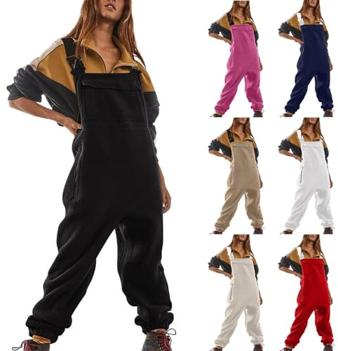 Women's Long Dungarees - Jumpsuits for Women - Casual Dungarees Work Trousers Fleece Warm Overalls Winter Dungarees with Pockets Retro Harem Trousers Elastic Waist Casual Trousers Trousers, black, L