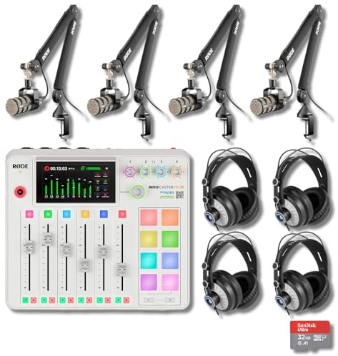 Rode RODECaster Pro II White Bundle with 4x PodMic Mics, 4 PSA1+ Black Boom Arms, 4 Cans50 Headphones, XLR — 9-Channel APHEX Console for Podcasting, Streaming, Broadcasting, Voice Over