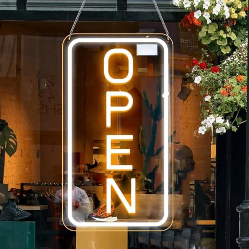 LightingWill Open Neon Schild, 5V USB Open Schild LED mit Ein/Aus, Open Leuchtreklamen für Business Light Up Sign für Bar, Salon, Store, Cafe, Shop, Club, Gelb/Weiß, Vertical