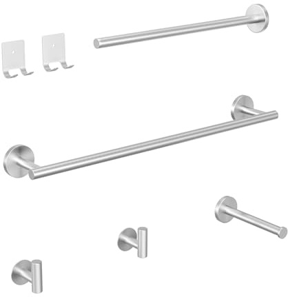 Auralum Accesorios Baño sin Taladro/con Taladro,2-1 Juego Accesorios Baño de Acero Inoxidable,5 Piezas Juego de Accesorios de baño Contiene Toalleros Baño，Portarrollos，Gancho para Toallas