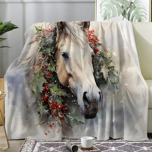 Weihnachtsdecke - Kuscheldecke Flauschig Weihnachts Pferd, Decke Fleecedecke Weihnachts Girlande, Weiche Warme Decke Wohndecke als Sofadecke Wolldecke Couchdecke Tagesdecke, XL 150x200 cm Y-971
