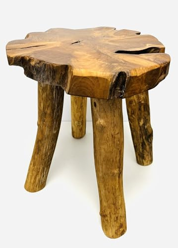 My Square Mile Natural Teak Wood Log Round Stool, Live Edge Top, 45cm Height, 130kg Weight Capacity