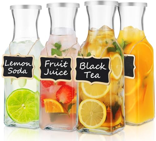 Glass Carafe with Lid, 4Pcs Square Glass Carafe Juice Containers 1 Liter Clear Glass Pitcher Drink Dispensers for Beverage Cold Water Juice Milk Iced Tea Wine Dishwasher Safe
