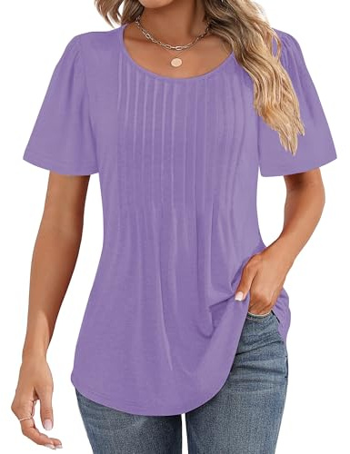 Cuptacc Camiseta Mujer 2025 Moda Verano Cuello Redondo Plisado Manga Globo T-Shirt Lila Claro Talla L 42-44