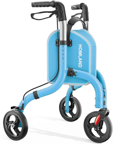 HOMLAND 3 Wheel Walkers for Seniors, Lightweight Foldable Aluminum Three Wheel Walker, Height Adjustable Compact Rollator Walker with Removable Storage Bag