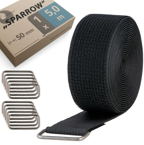 valonic SPARROW - nastro velcro resistente, 5 m, 50 mm, incl. 10 anelli metallici, nero, fascette per l'organizzazione dei cavi, cinghia
