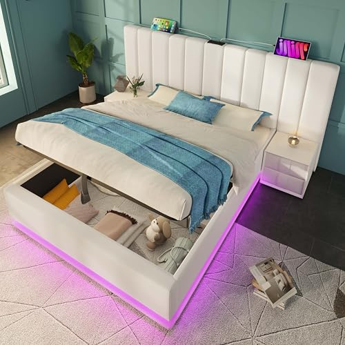 EINHOM Bett 180x200 cm, Polsterbett mit App Control LED-und USB-C Ladefunktion, Doppelbett Stauraumbett mit Lattenrost, PU-Material, Ohne Matratze und Nachttisch, Weiß